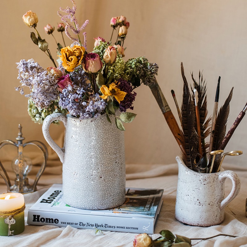 Handmade Country Style Crackle Glaze Ceramic Vase Jar in white and light gray, showcasing a rustic charm with a unique crackle finish.