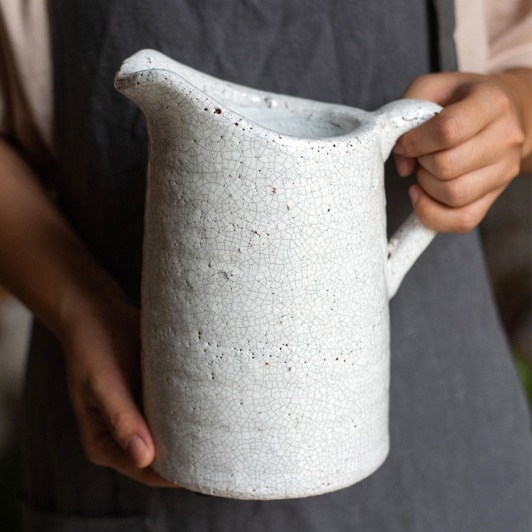 Handmade Country Style Crackle Glaze Ceramic Vase Jar in white and light gray, showcasing a rustic charm with a unique crackle finish.