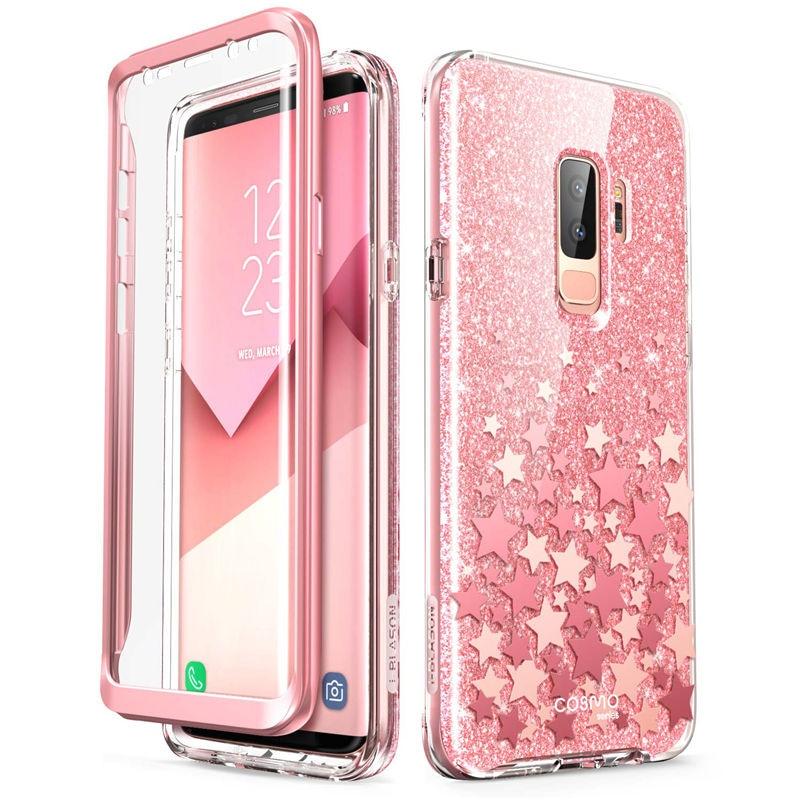 Samsung Galaxy S9 case featuring a glitter marble design in pink and purple hues, with a built-in screen protector for full-body protection.