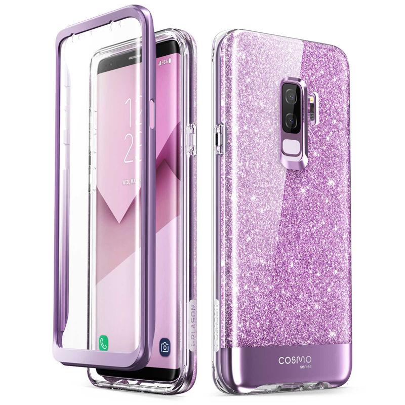 Samsung Galaxy S9 case featuring a glitter marble design in pink and purple hues, with a built-in screen protector for full-body protection.