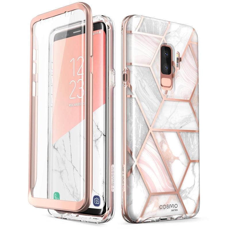 Samsung Galaxy S9 case featuring a glitter marble design in pink and purple hues, with a built-in screen protector for full-body protection.