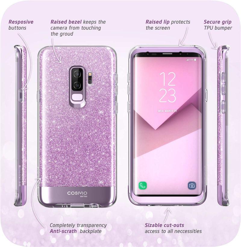 Samsung Galaxy S9 case featuring a glitter marble design in pink and purple hues, with a built-in screen protector for full-body protection.