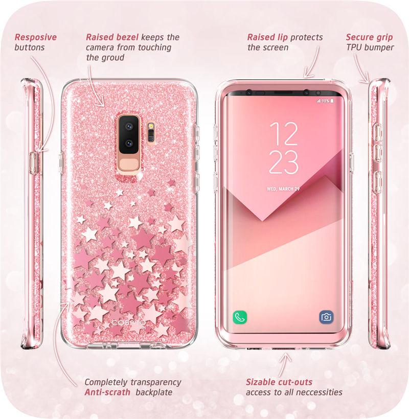 Samsung Galaxy S9 case featuring a glitter marble design in pink and purple hues, with a built-in screen protector for full-body protection.