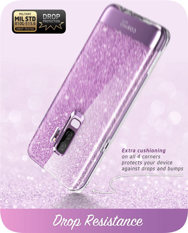 Samsung Galaxy S9 case featuring a glitter marble design in pink and purple hues, with a built-in screen protector for full-body protection.