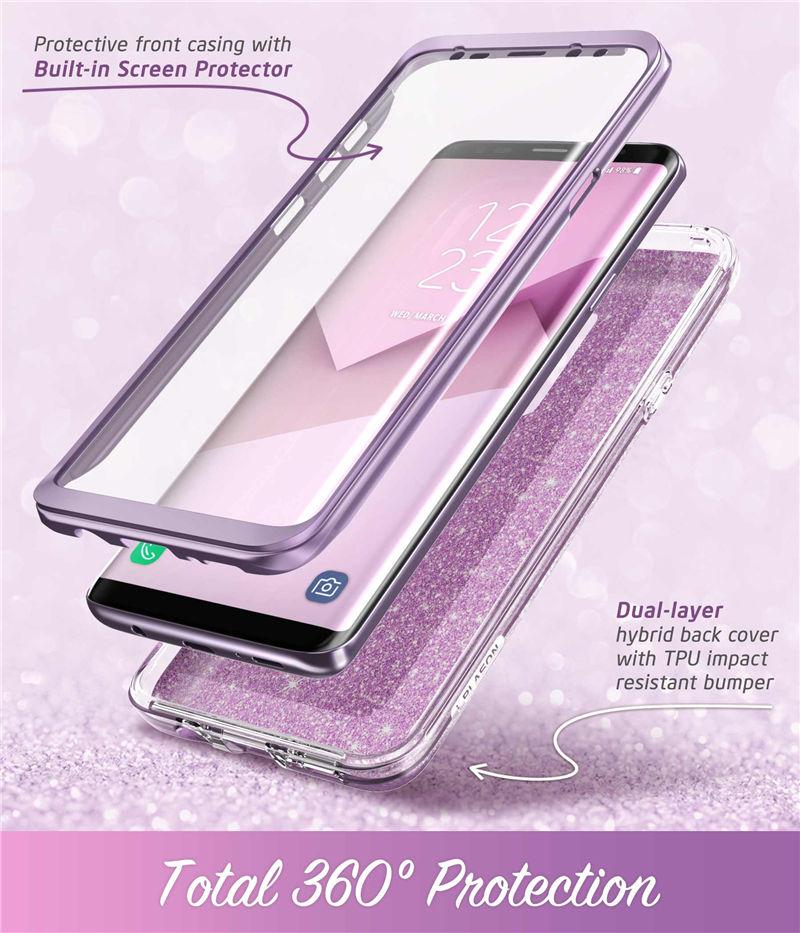 Samsung Galaxy S9 case featuring a glitter marble design in pink and purple hues, with a built-in screen protector for full-body protection.