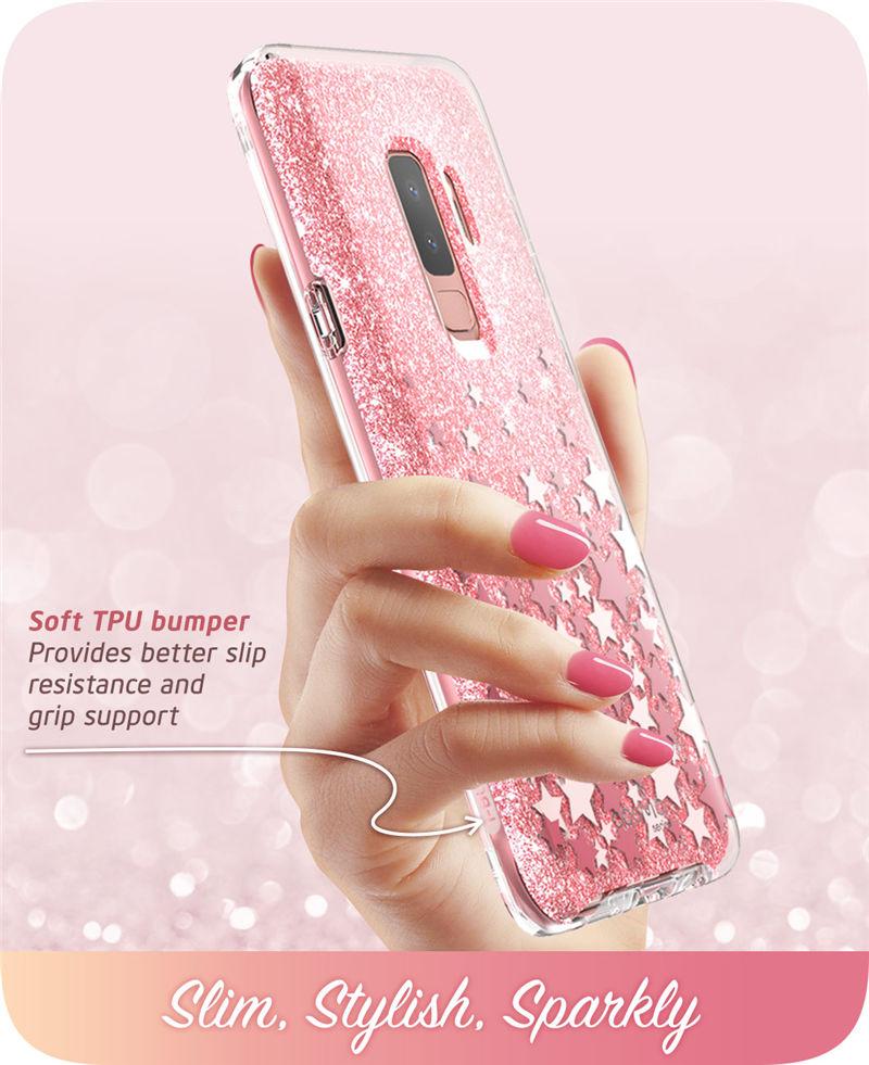 Samsung Galaxy S9 case featuring a glitter marble design in pink and purple hues, with a built-in screen protector for full-body protection.