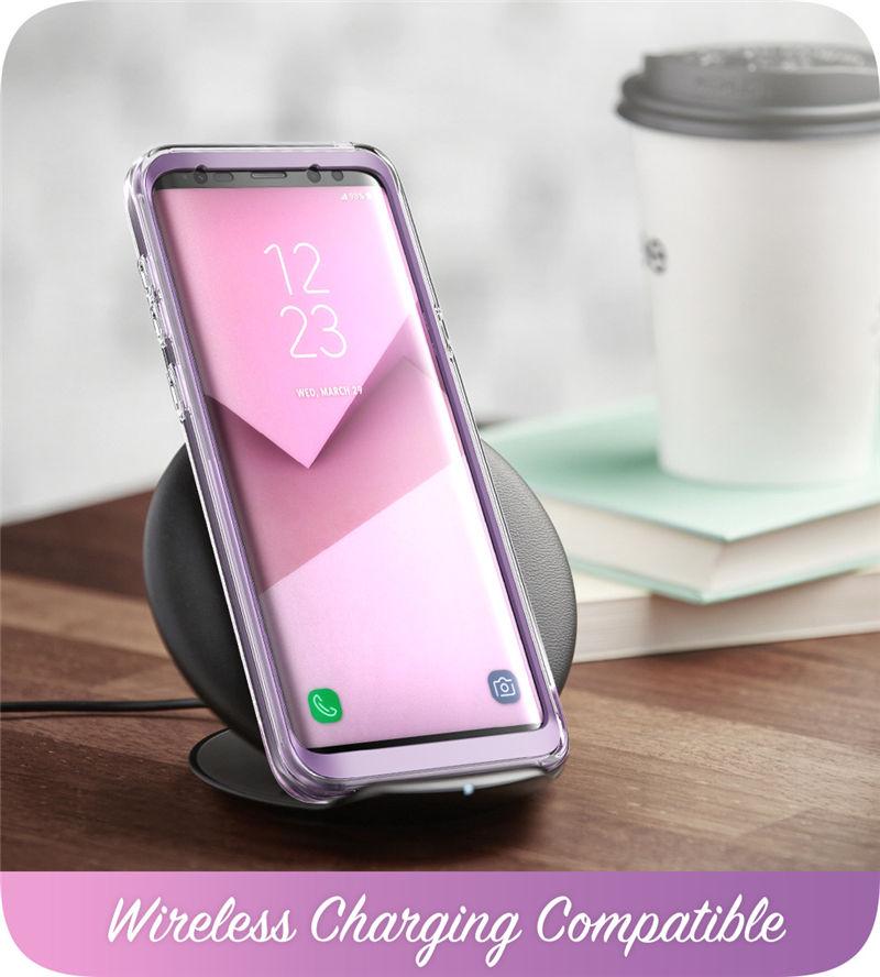 Samsung Galaxy S9 case featuring a glitter marble design in pink and purple hues, with a built-in screen protector for full-body protection.