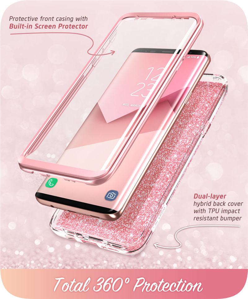 Samsung Galaxy S9 case featuring a glitter marble design in pink and purple hues, with a built-in screen protector for full-body protection.