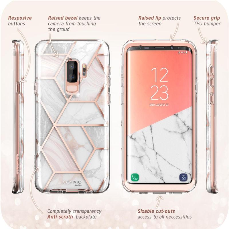 Samsung Galaxy S9 case featuring a glitter marble design in pink and purple hues, with a built-in screen protector for full-body protection.