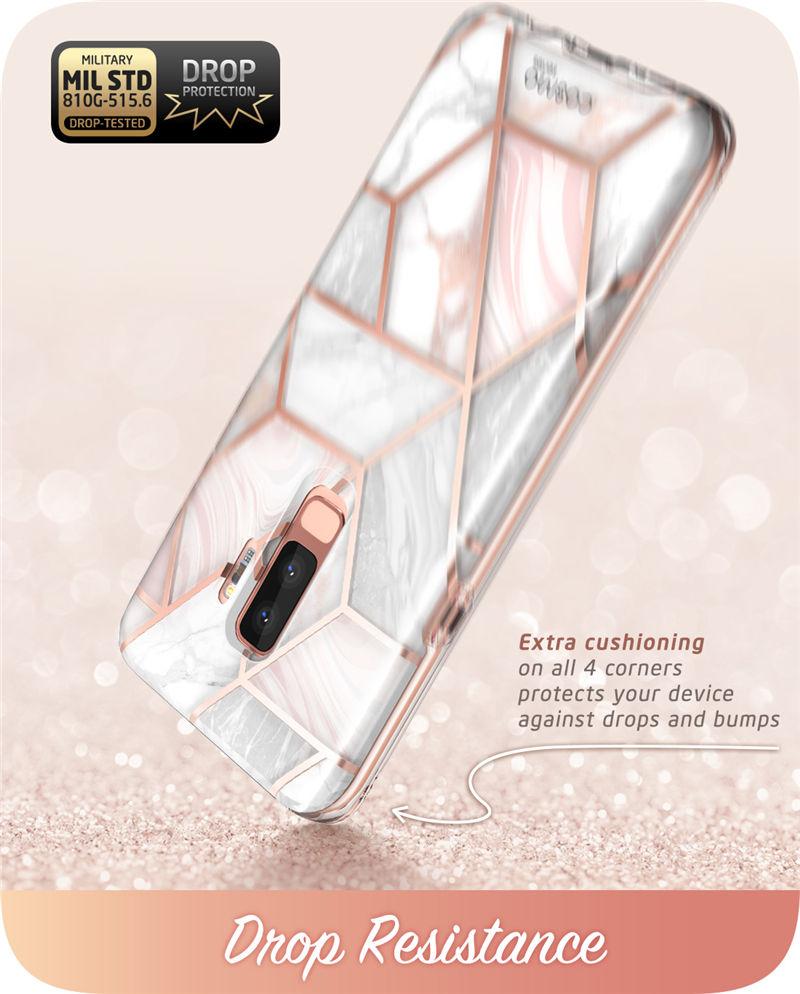 Samsung Galaxy S9 case featuring a glitter marble design in pink and purple hues, with a built-in screen protector for full-body protection.