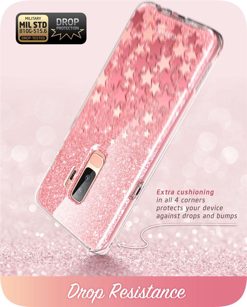 Samsung Galaxy S9 case featuring a glitter marble design in pink and purple hues, with a built-in screen protector for full-body protection.