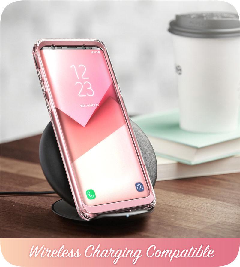 Samsung Galaxy S9 case featuring a glitter marble design in pink and purple hues, with a built-in screen protector for full-body protection.