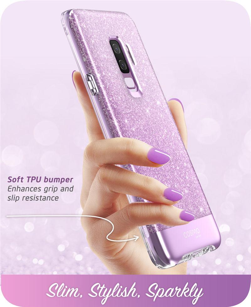 Samsung Galaxy S9 case featuring a glitter marble design in pink and purple hues, with a built-in screen protector for full-body protection.