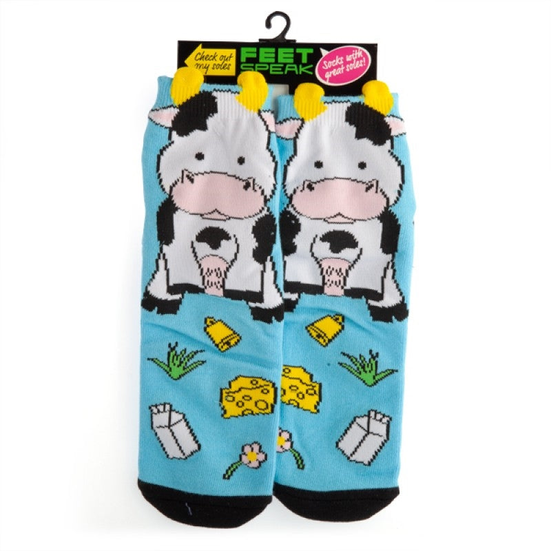 Colorful Cow Feet Speak Socks featuring a cute dairy cow design with 3D horns and anti-slip soles.