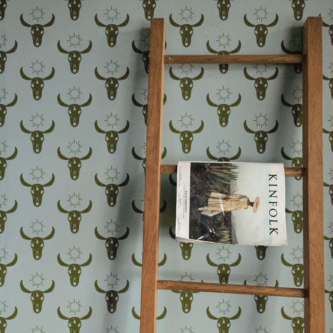 Cow Skulls Boho Wallpaper featuring vibrant colors and modern design, perfect for stylish home decor.