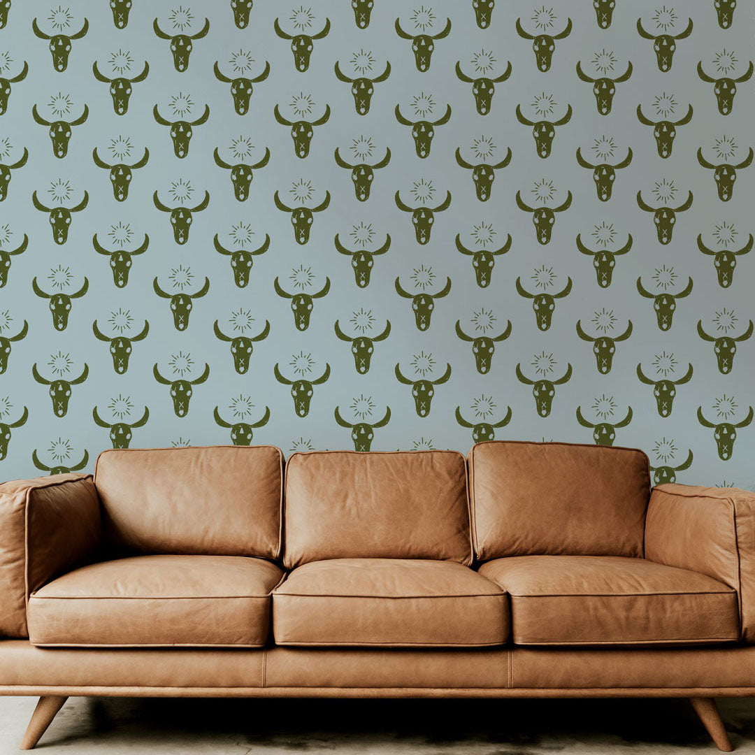 Cow Skulls Boho Wallpaper featuring vibrant colors and modern design, perfect for stylish home decor.