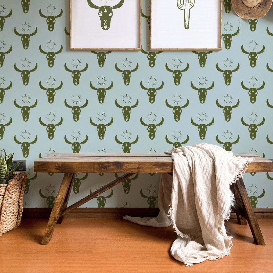 Cow Skulls Boho Wallpaper featuring vibrant colors and modern design, perfect for stylish home decor.