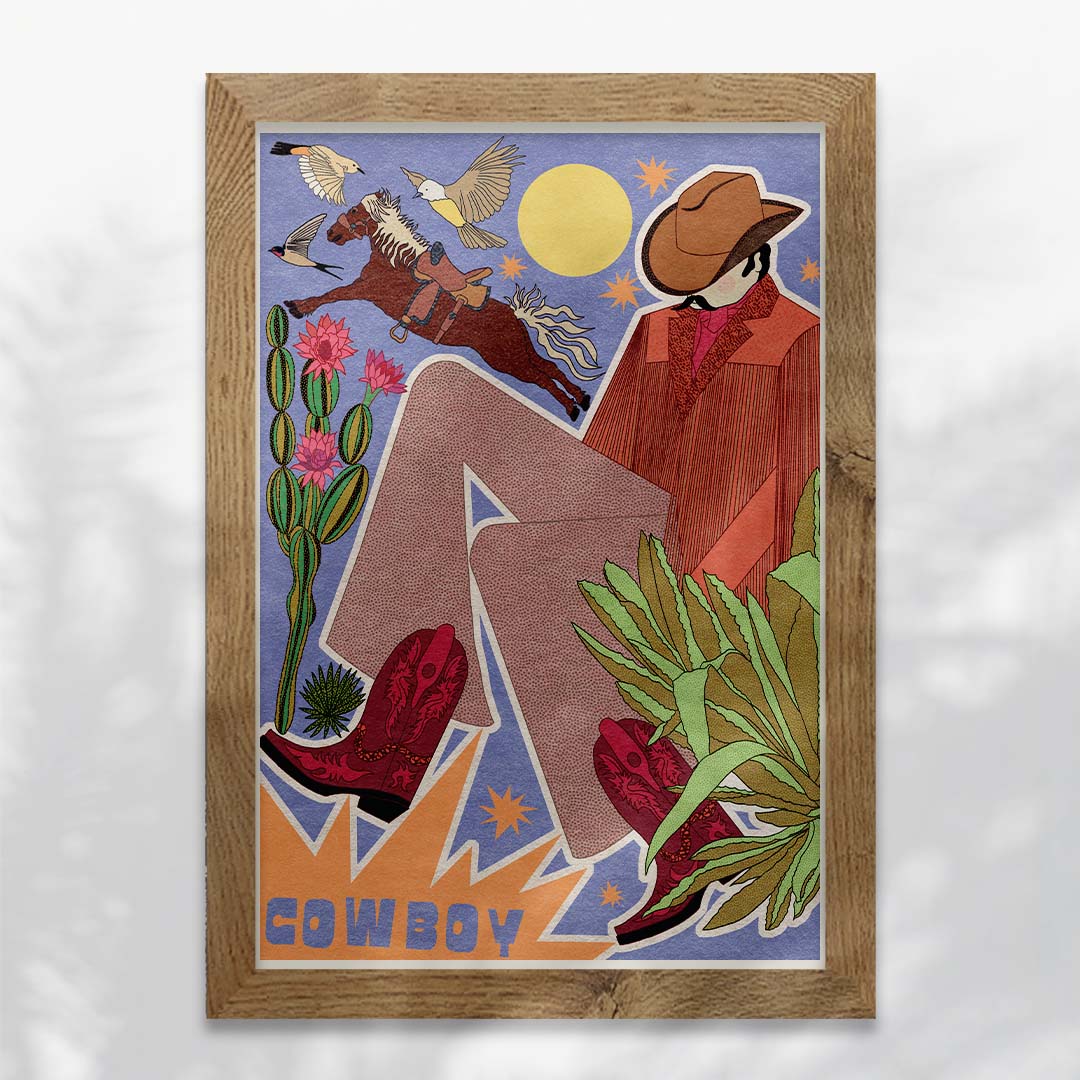 A retro-inspired Cowboy art print featuring a rugged cowboy, desert plants, birds, and a horse, available in A3 and A4 sizes.