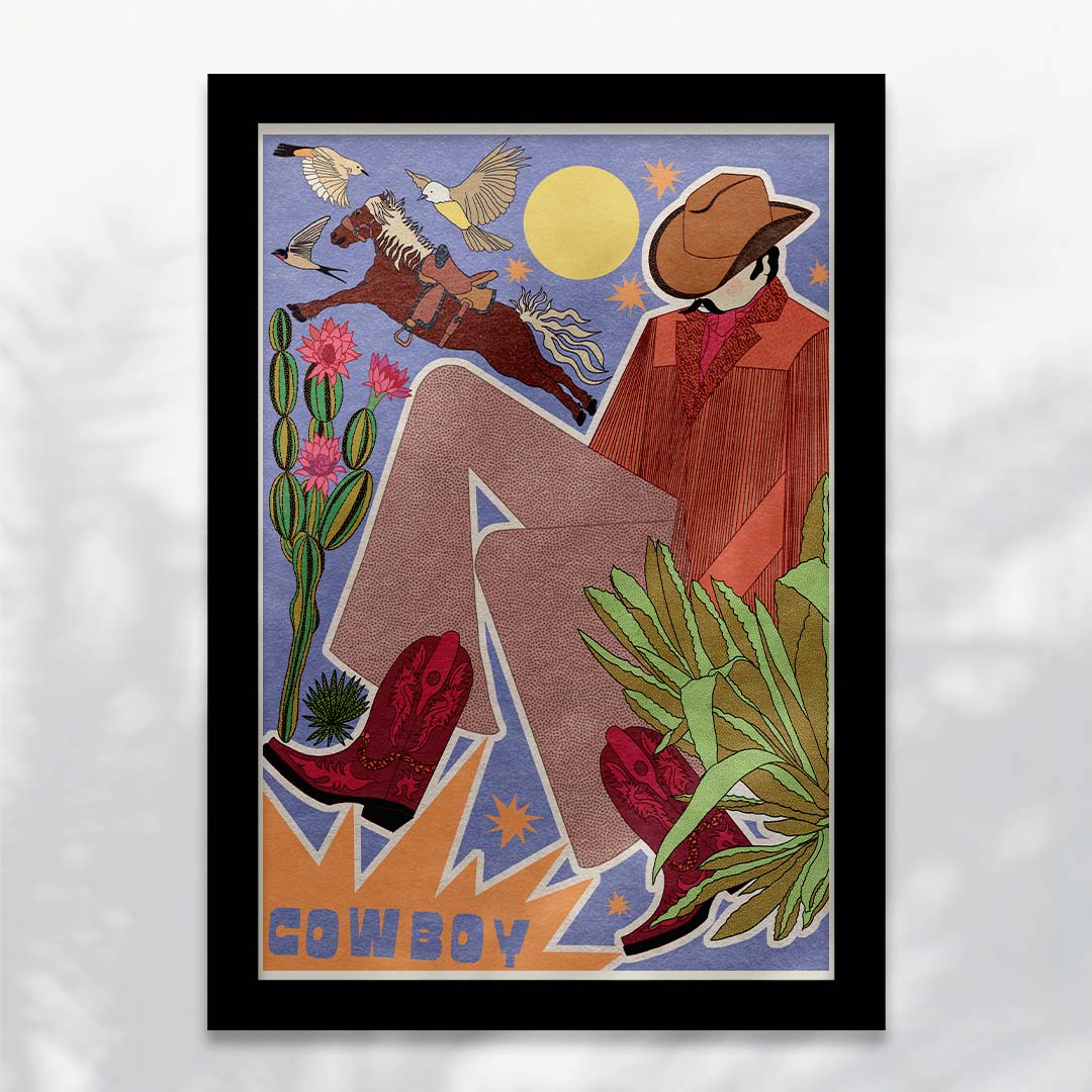 A retro-inspired Cowboy art print featuring a rugged cowboy, desert plants, birds, and a horse, available in A3 and A4 sizes.