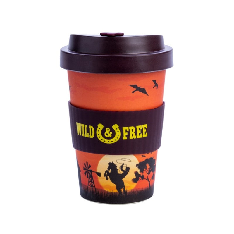 Eco-friendly Cowboy Bamboo Cup with cowboy silhouette design and black anti-spill lid.