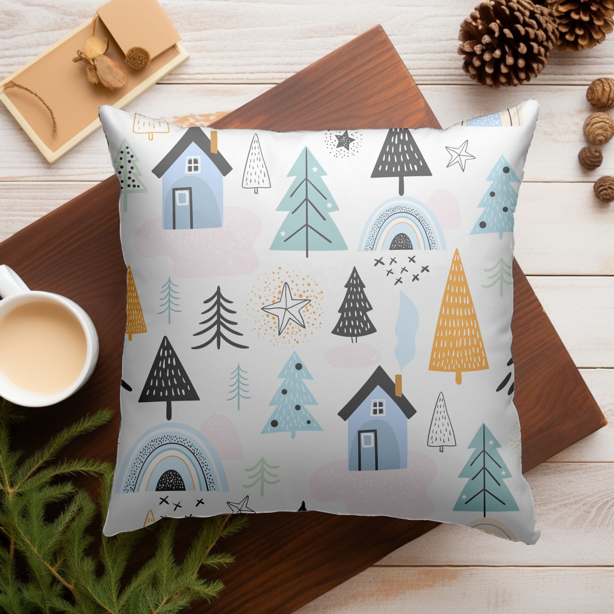 Cozy Cabin Christmas Decor Throw Pillow featuring a festive design with a charming cabin, perfect for holiday decor.