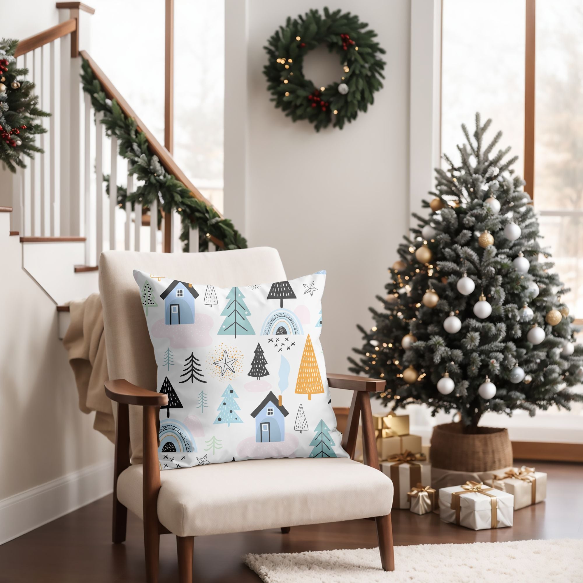 Cozy Cabin Christmas Decor Throw Pillow featuring a festive design with a charming cabin, perfect for holiday decor.