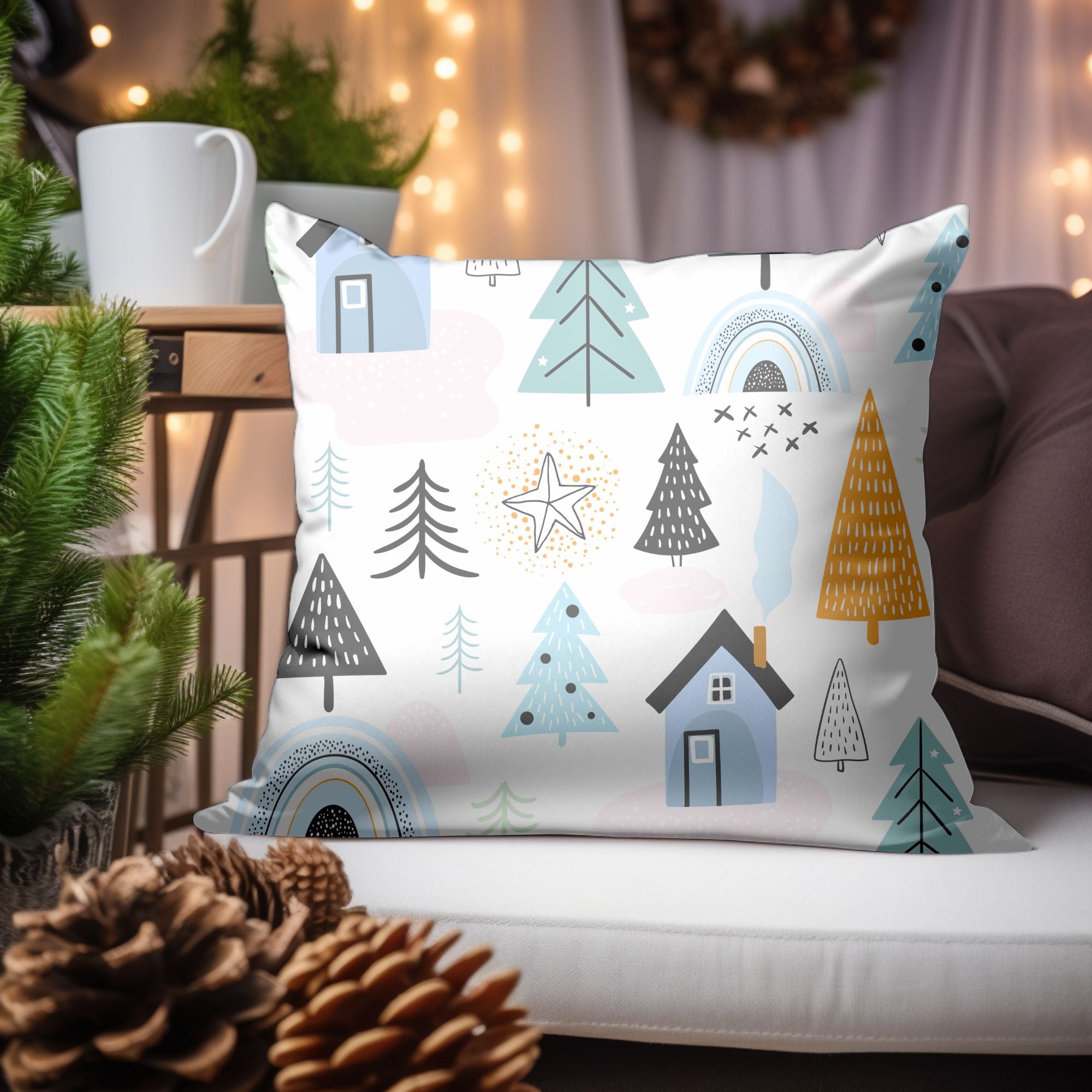 Cozy Cabin Christmas Decor Throw Pillow featuring a festive design with a charming cabin, perfect for holiday decor.