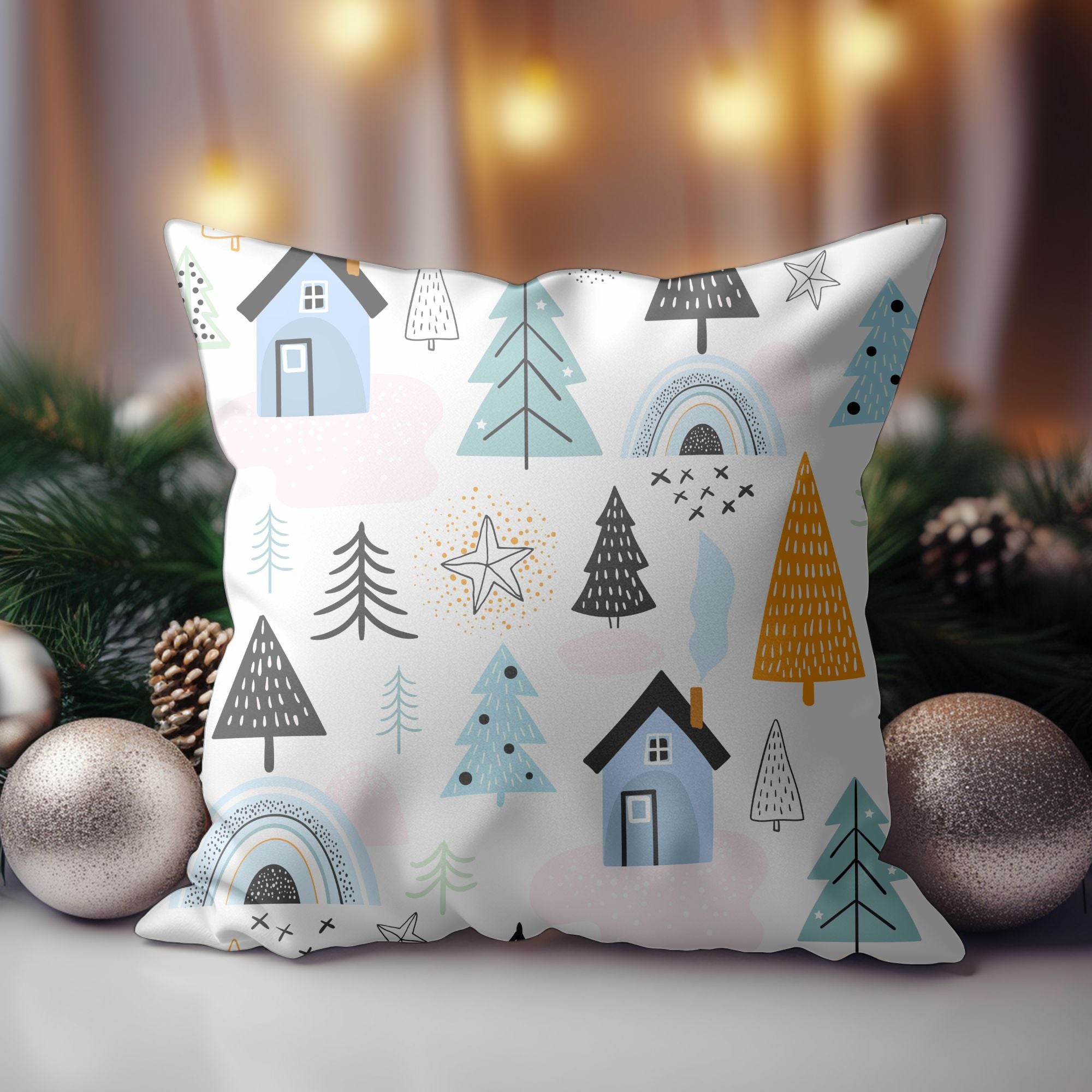 Cozy Cabin Christmas Decor Throw Pillow featuring a festive design with a charming cabin, perfect for holiday decor.