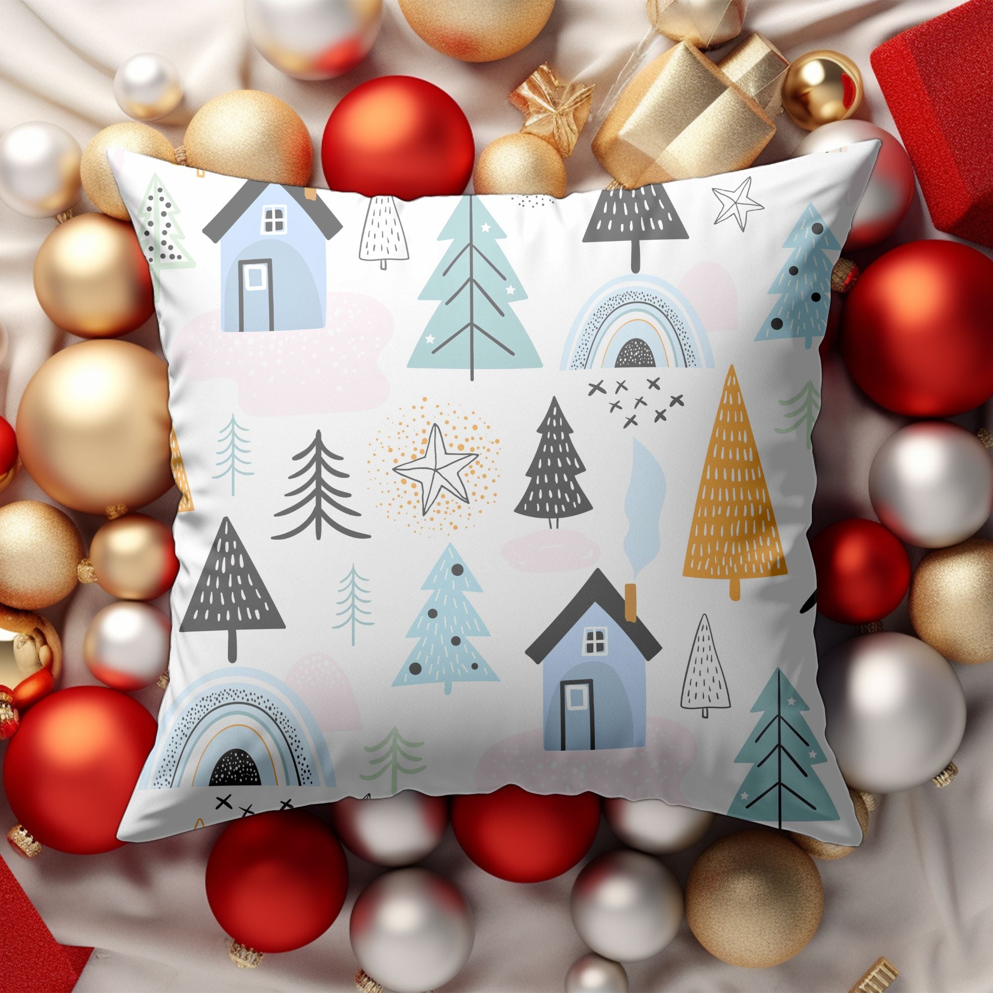 Cozy Cabin Christmas Decor Throw Pillow featuring a festive design with a charming cabin, perfect for holiday decor.