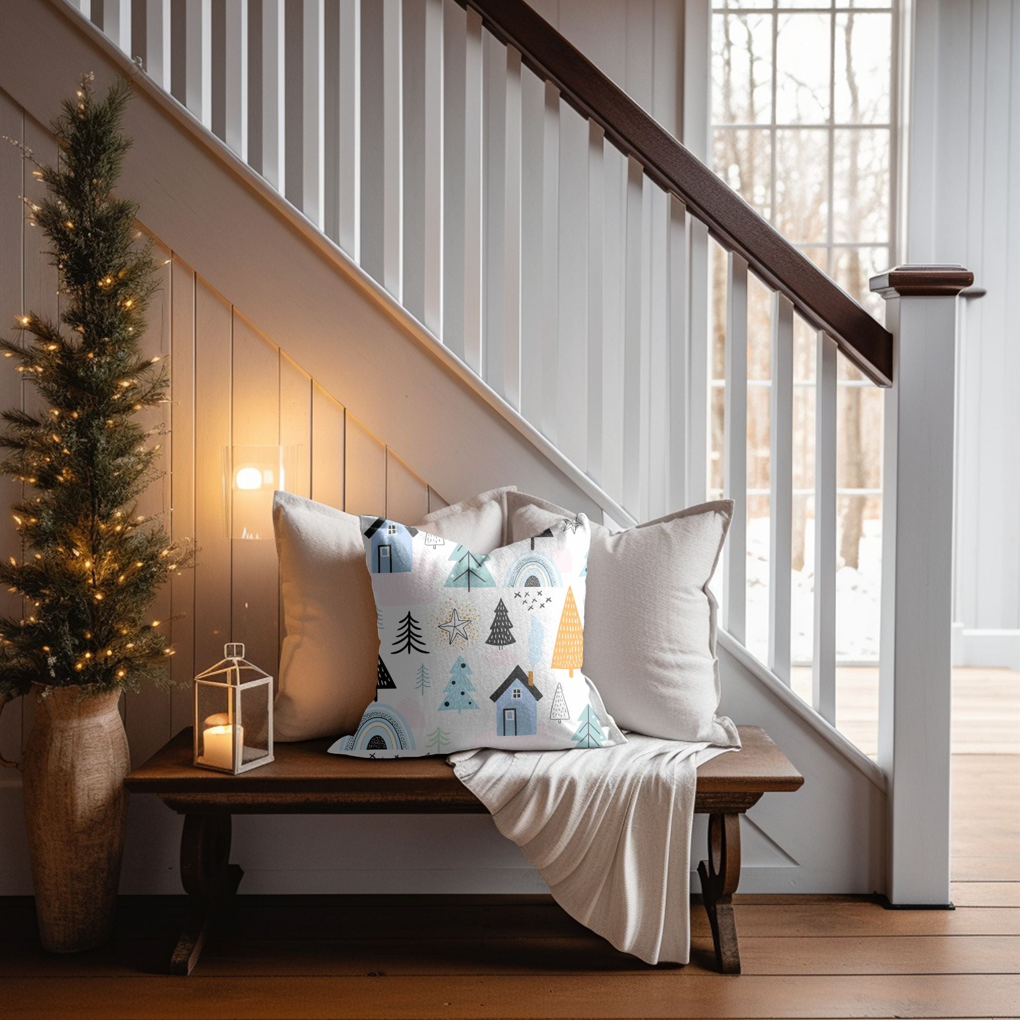 Cozy Cabin Christmas Decor Throw Pillow featuring a festive design with a charming cabin, perfect for holiday decor.