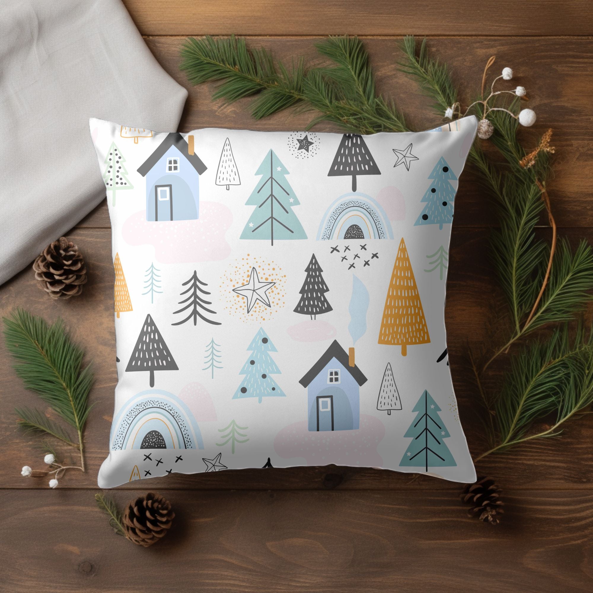 Cozy Cabin Christmas Decor Throw Pillow featuring a festive design with a charming cabin, perfect for holiday decor.