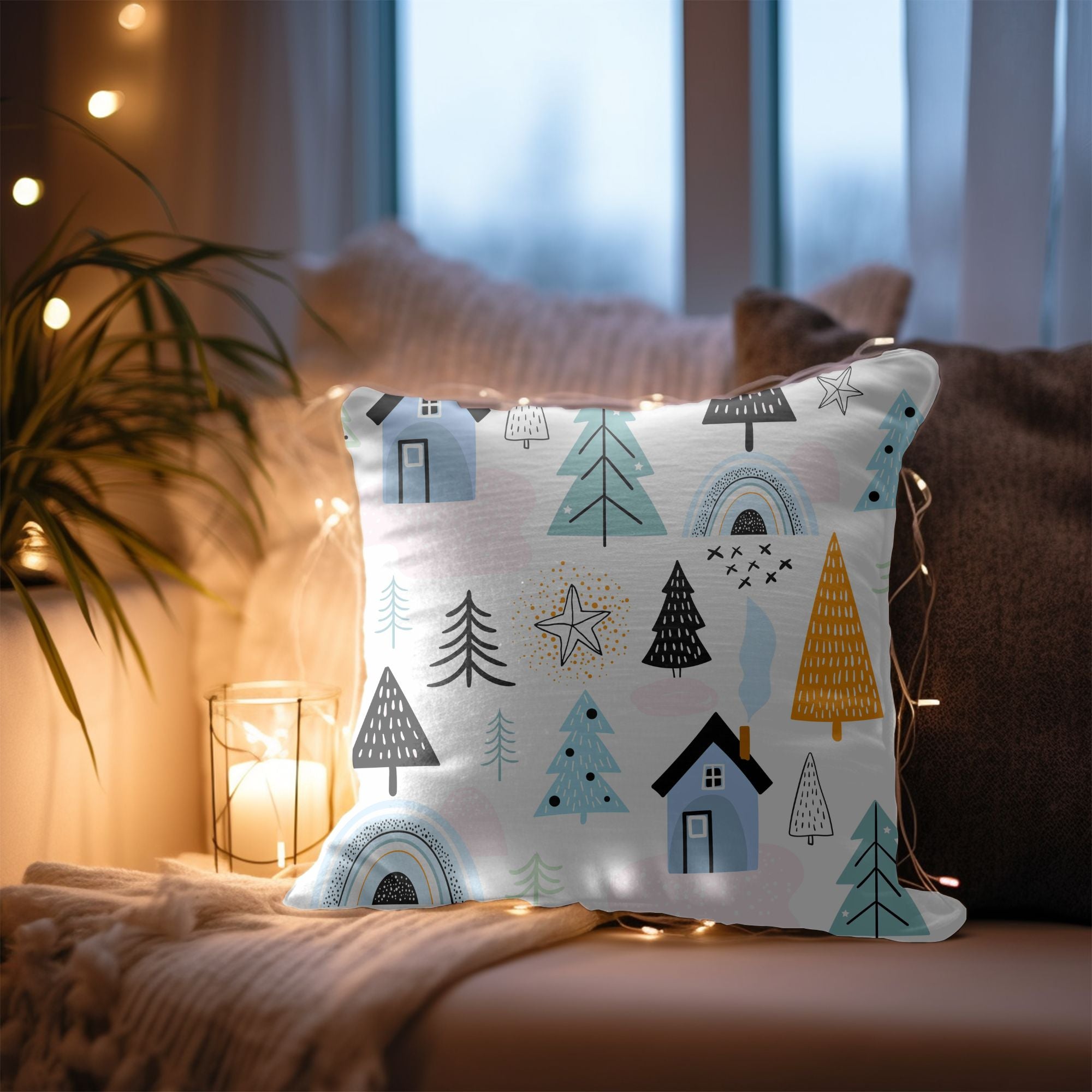 Cozy Cabin Christmas Decor Throw Pillow featuring a festive design with a charming cabin, perfect for holiday decor.