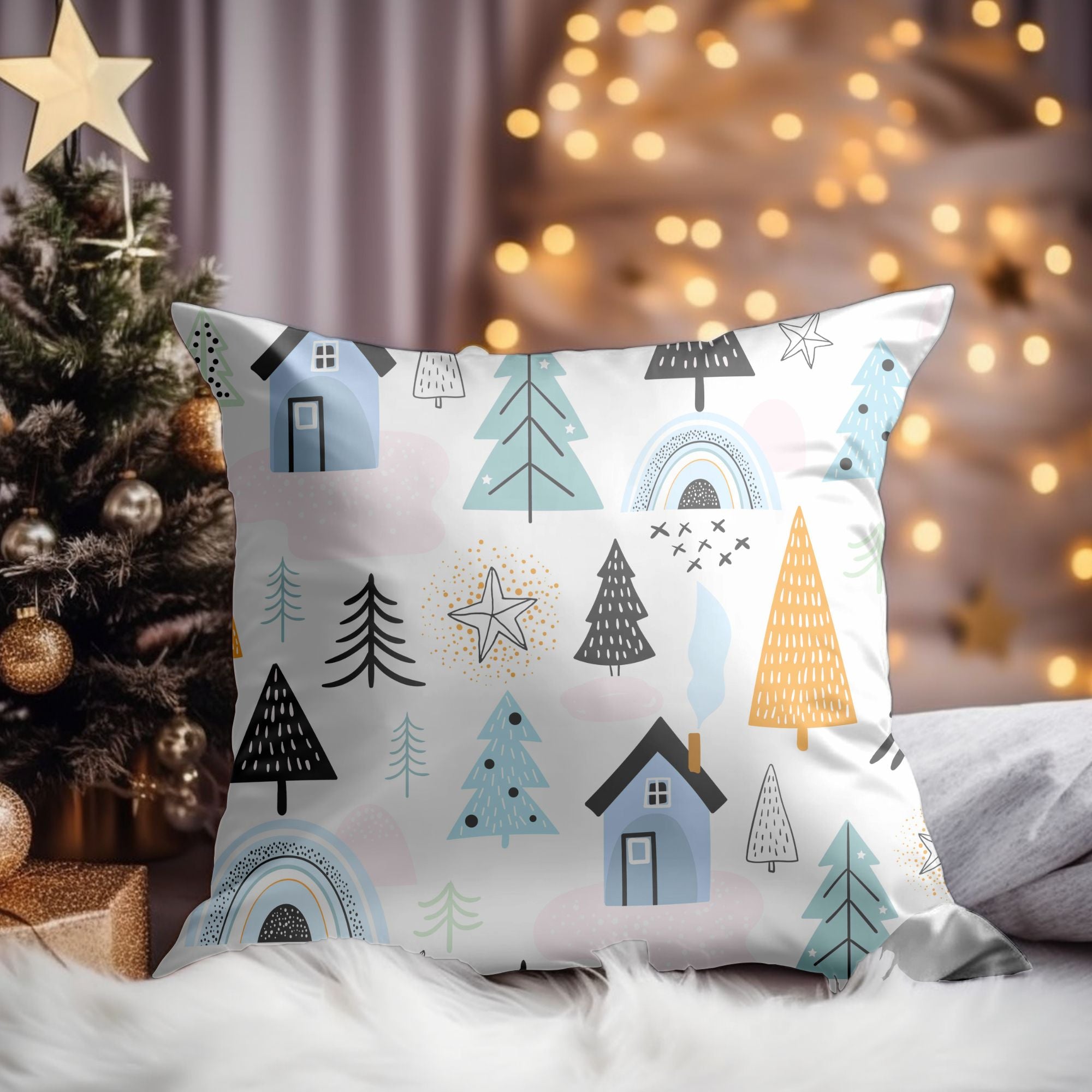 Cozy Cabin Christmas Decor Throw Pillow featuring a festive design with a charming cabin, perfect for holiday decor.