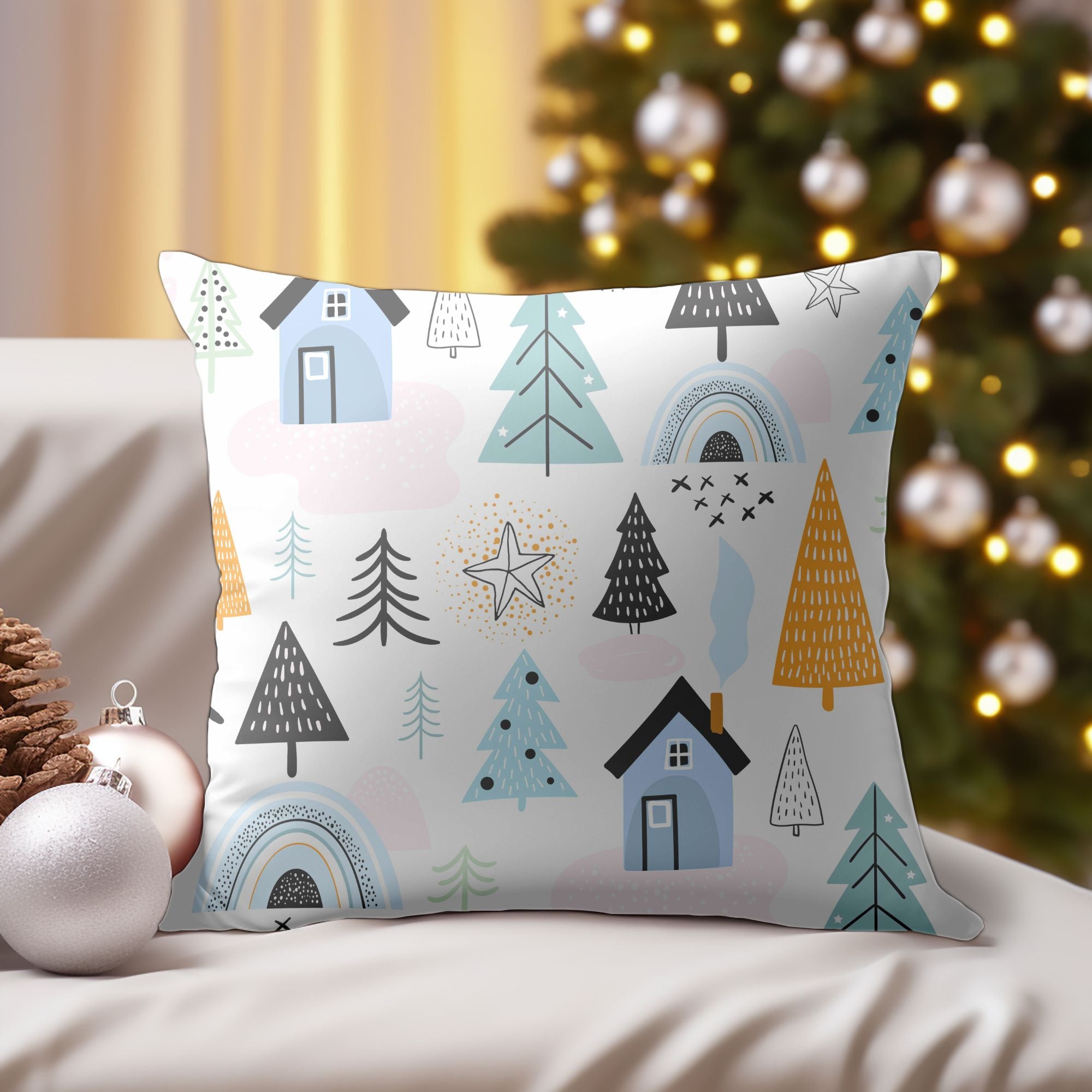 Cozy Cabin Christmas Decor Throw Pillow featuring a festive design with a charming cabin, perfect for holiday decor.