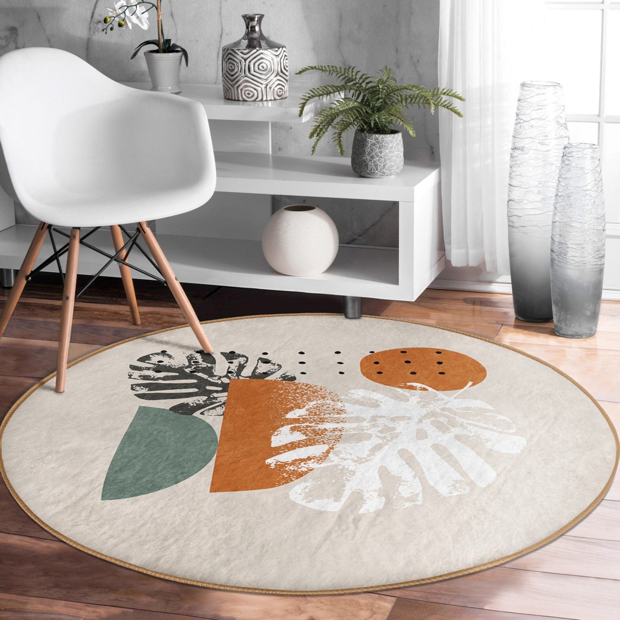 Cozy Home Decorative Washable Round Rug in soft shiny velvet fabric, showcasing its elegant round shape and vibrant colors.