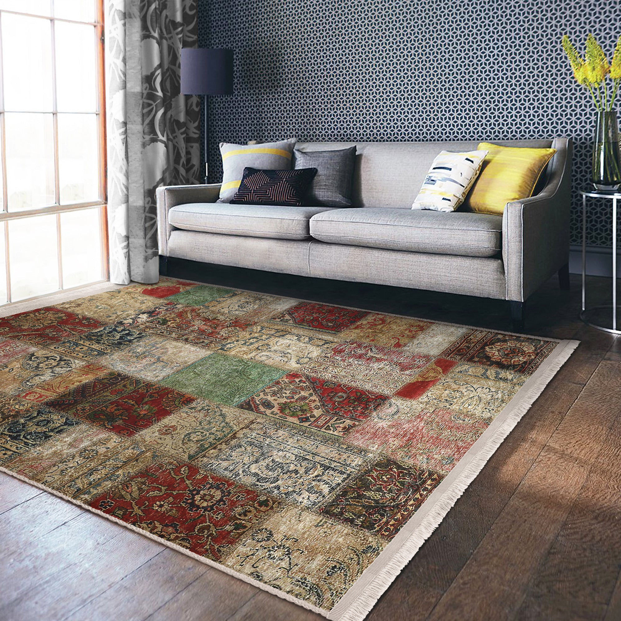 Cozy Home Washable Area Rug featuring vintage patterns and fringes, perfect for enhancing living spaces with comfort and style.