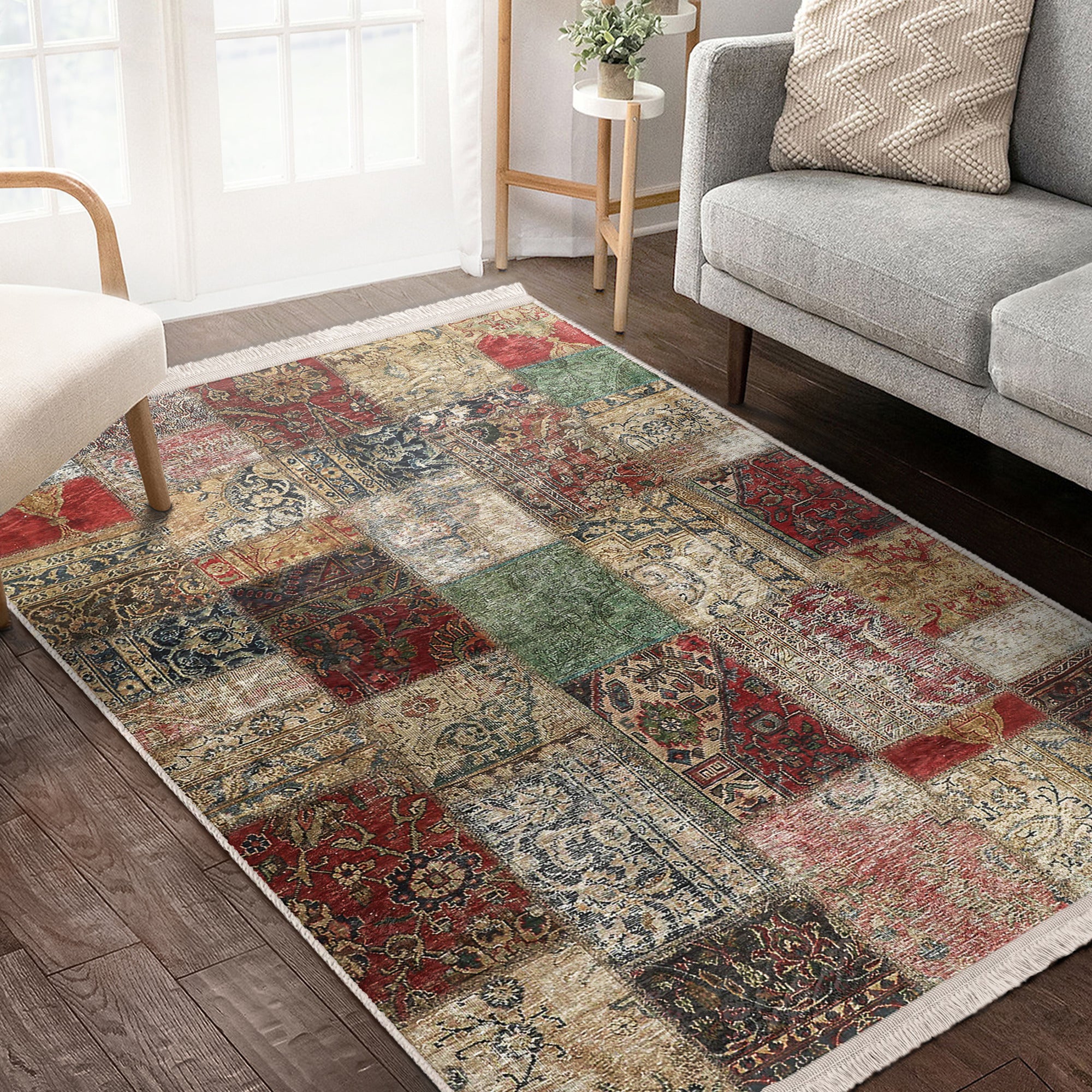 Cozy Home Washable Area Rug featuring vintage patterns and fringes, perfect for enhancing living spaces with comfort and style.