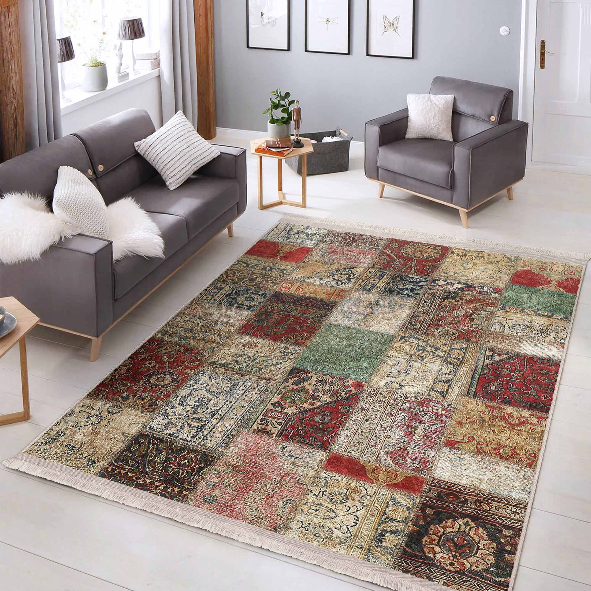 Cozy Home Washable Area Rug featuring vintage patterns and fringes, perfect for enhancing living spaces with comfort and style.