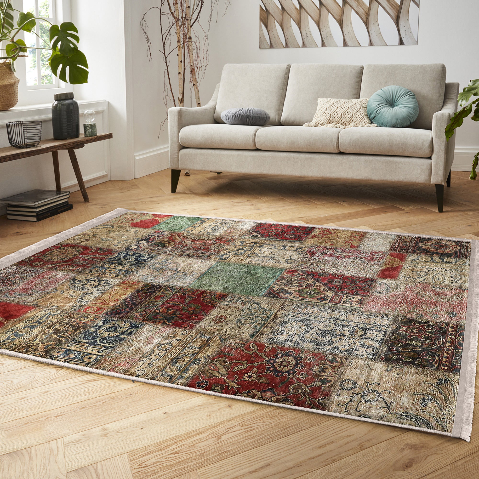 Cozy Home Washable Area Rug featuring vintage patterns and fringes, perfect for enhancing living spaces with comfort and style.