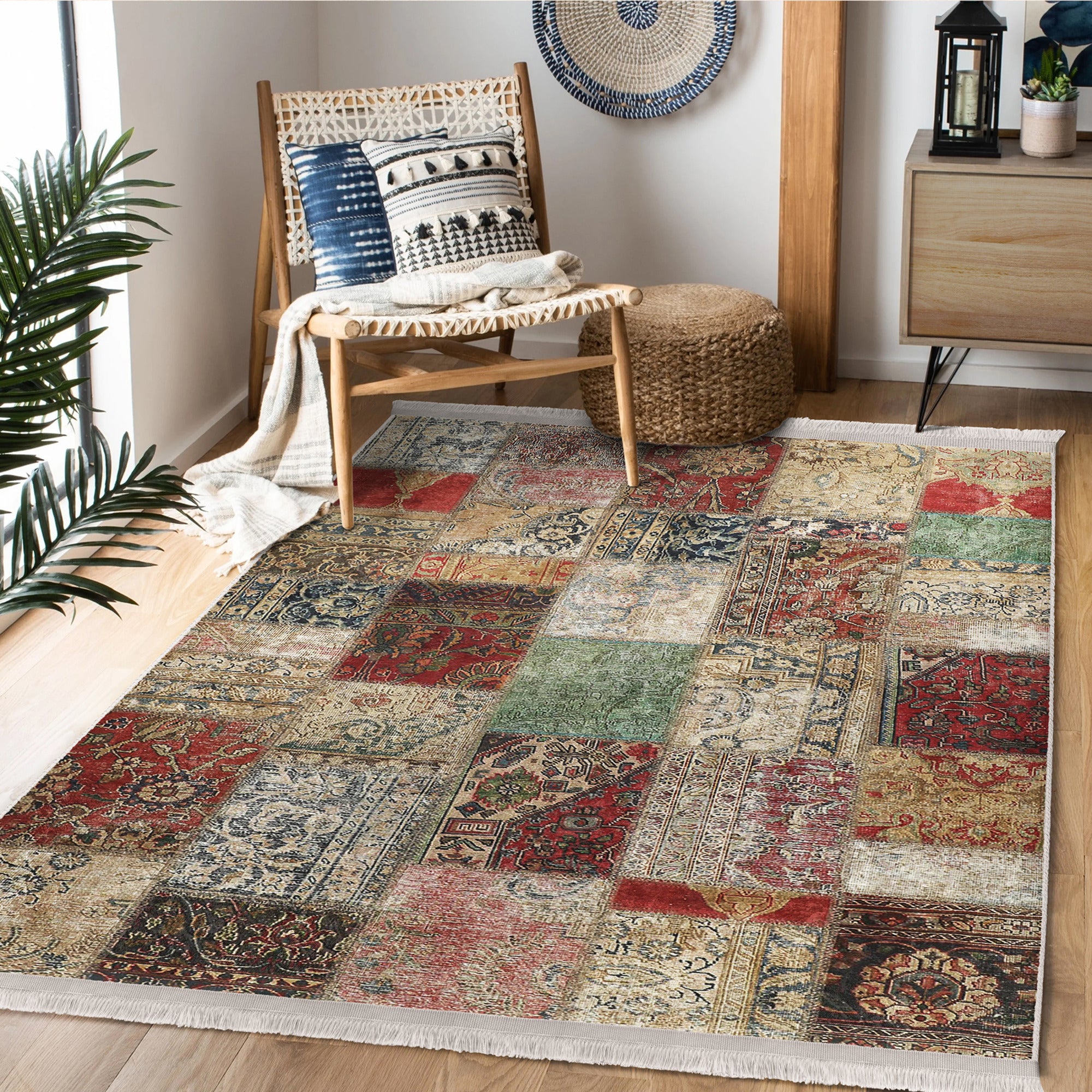 Cozy Home Washable Area Rug featuring vintage patterns and fringes, perfect for enhancing living spaces with comfort and style.