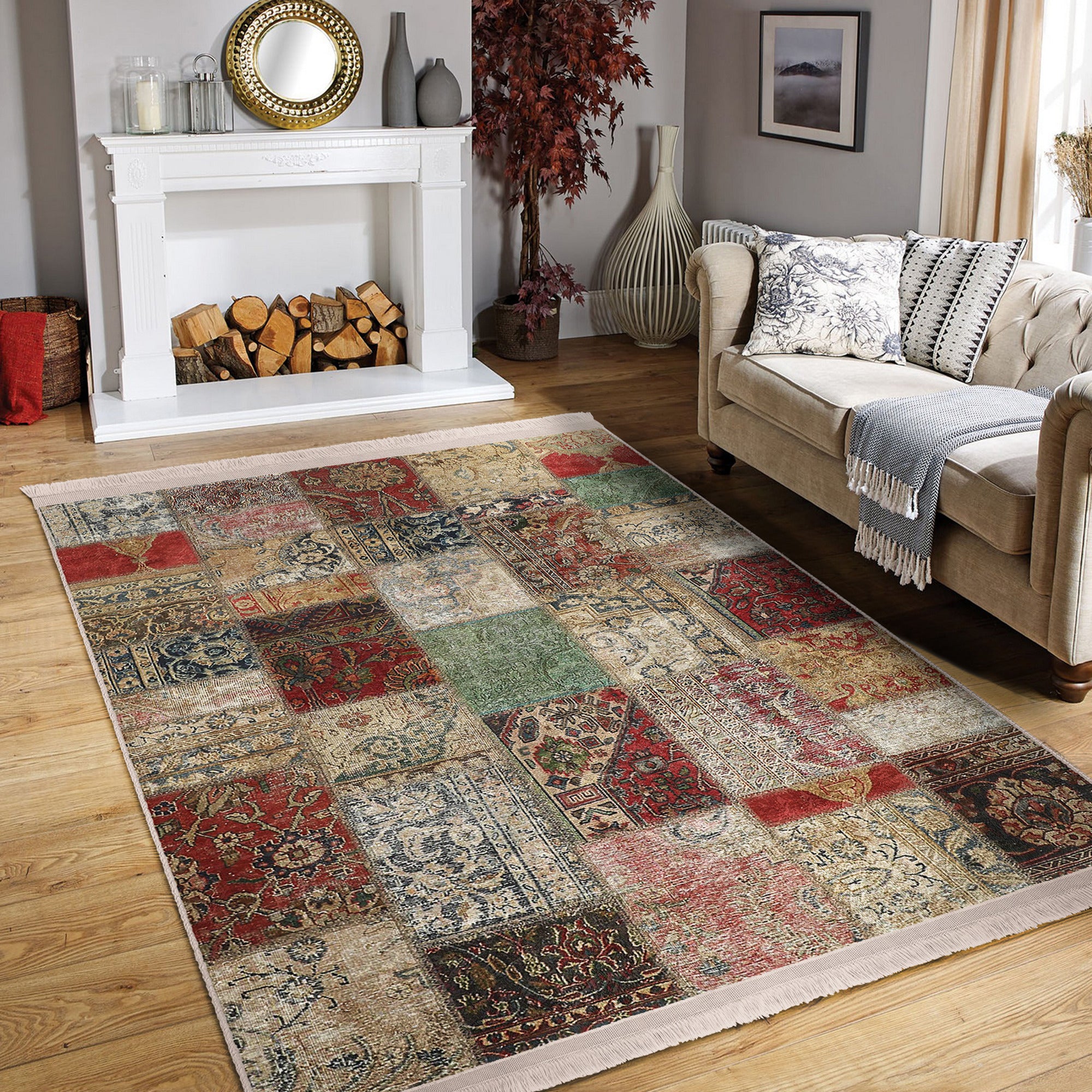 Cozy Home Washable Area Rug featuring vintage patterns and fringes, perfect for enhancing living spaces with comfort and style.