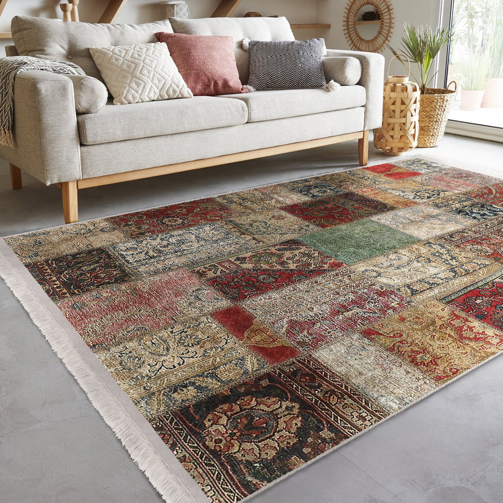 Cozy Home Washable Area Rug featuring vintage patterns and fringes, perfect for enhancing living spaces with comfort and style.