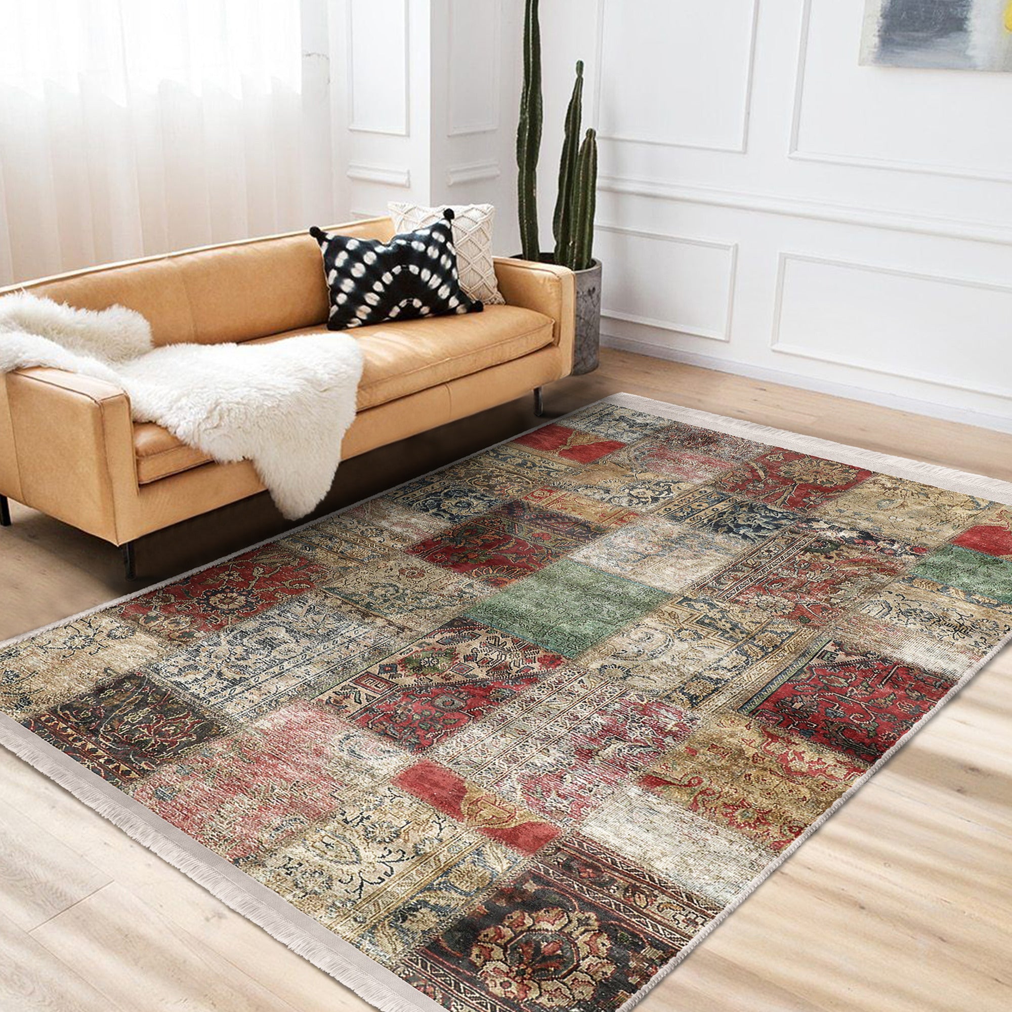 Cozy Home Washable Area Rug featuring vintage patterns and fringes, perfect for enhancing living spaces with comfort and style.