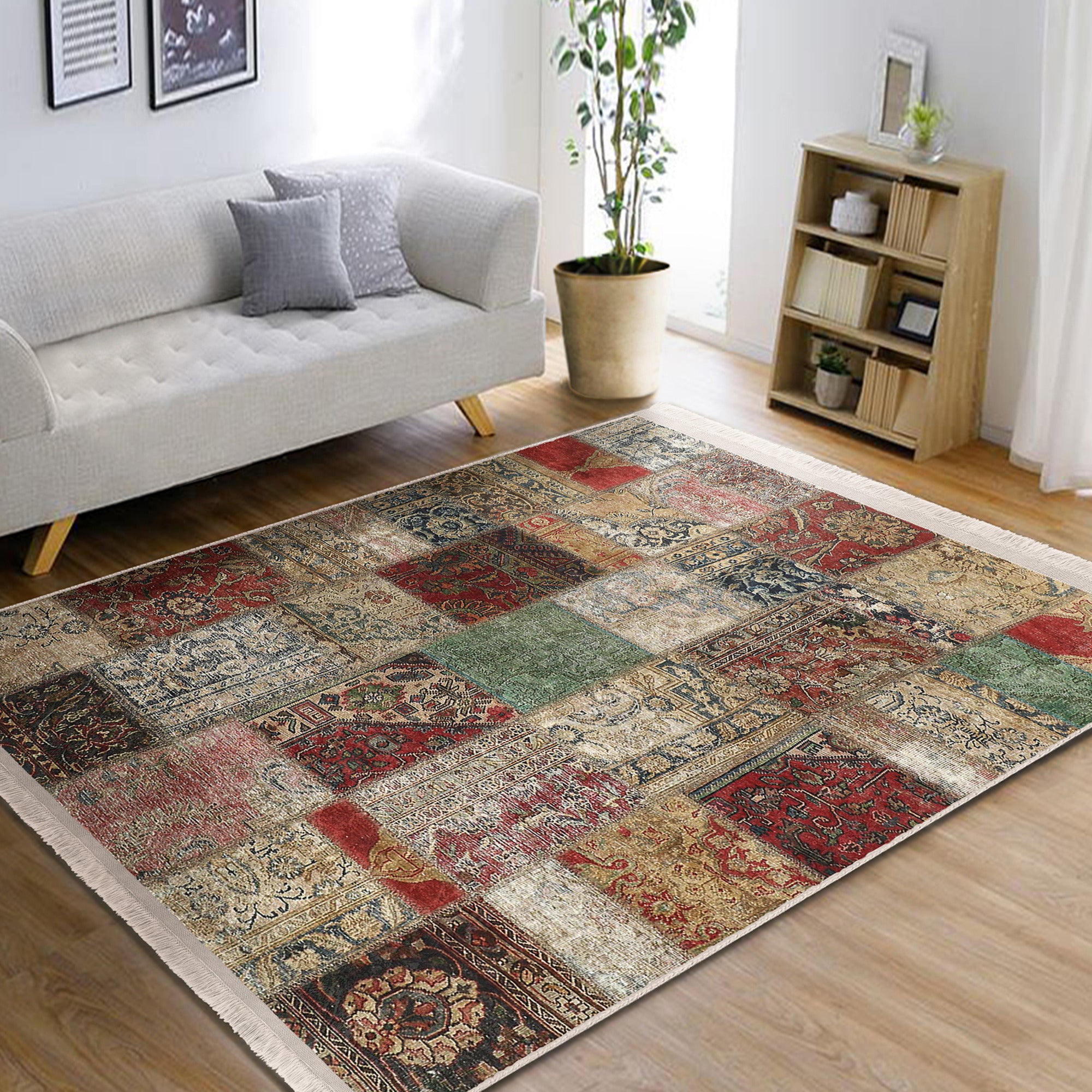 Cozy Home Washable Area Rug featuring vintage patterns and fringes, perfect for enhancing living spaces with comfort and style.