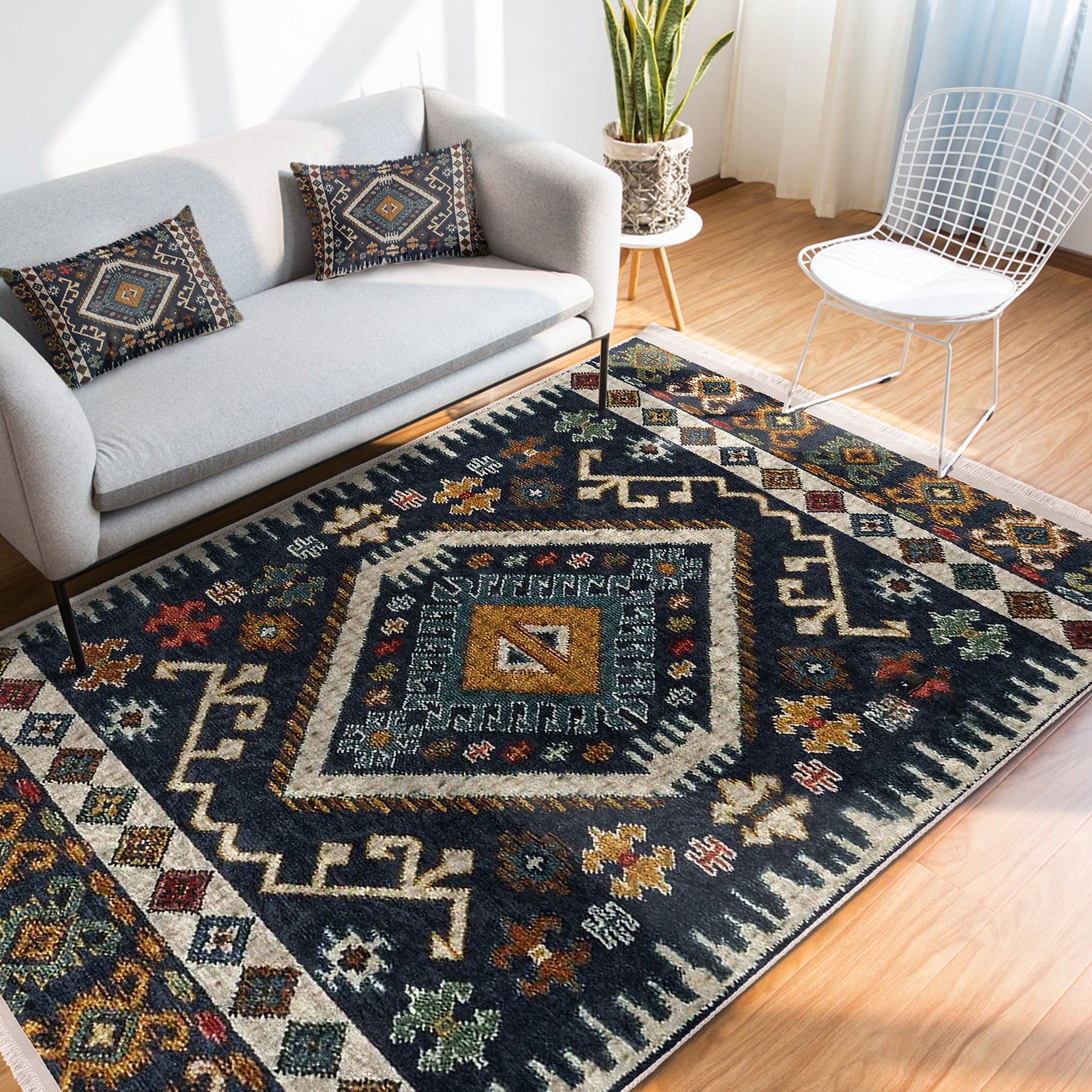 Cozy Home Washable Area Rug with classic pattern and fringes, showcasing plush material and non-slip base.