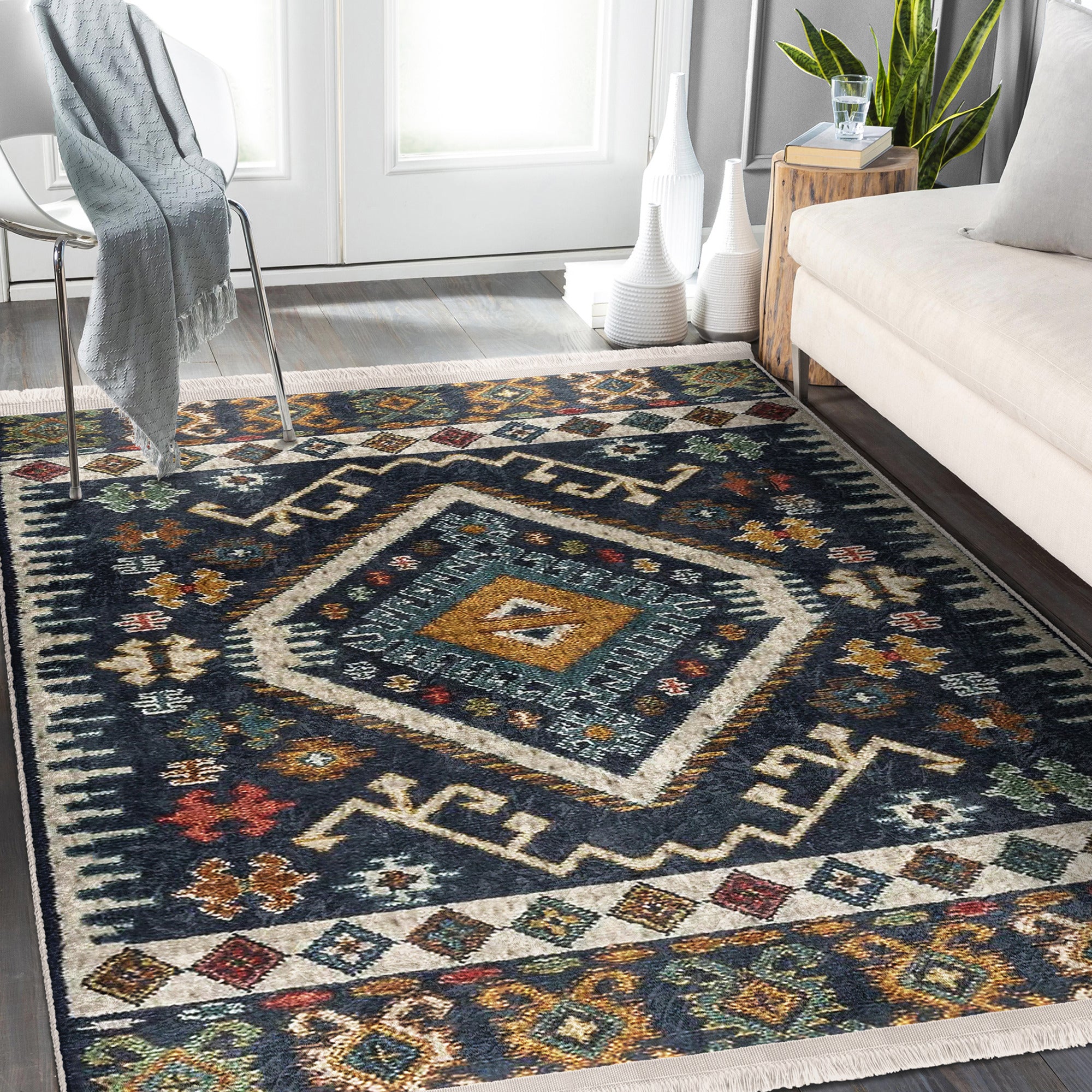 Cozy Home Washable Area Rug with classic pattern and fringes, showcasing plush material and non-slip base.