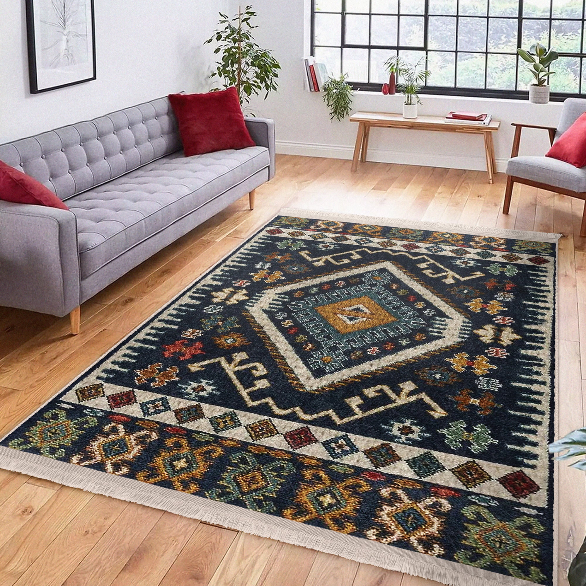 Cozy Home Washable Area Rug with classic pattern and fringes, showcasing plush material and non-slip base.