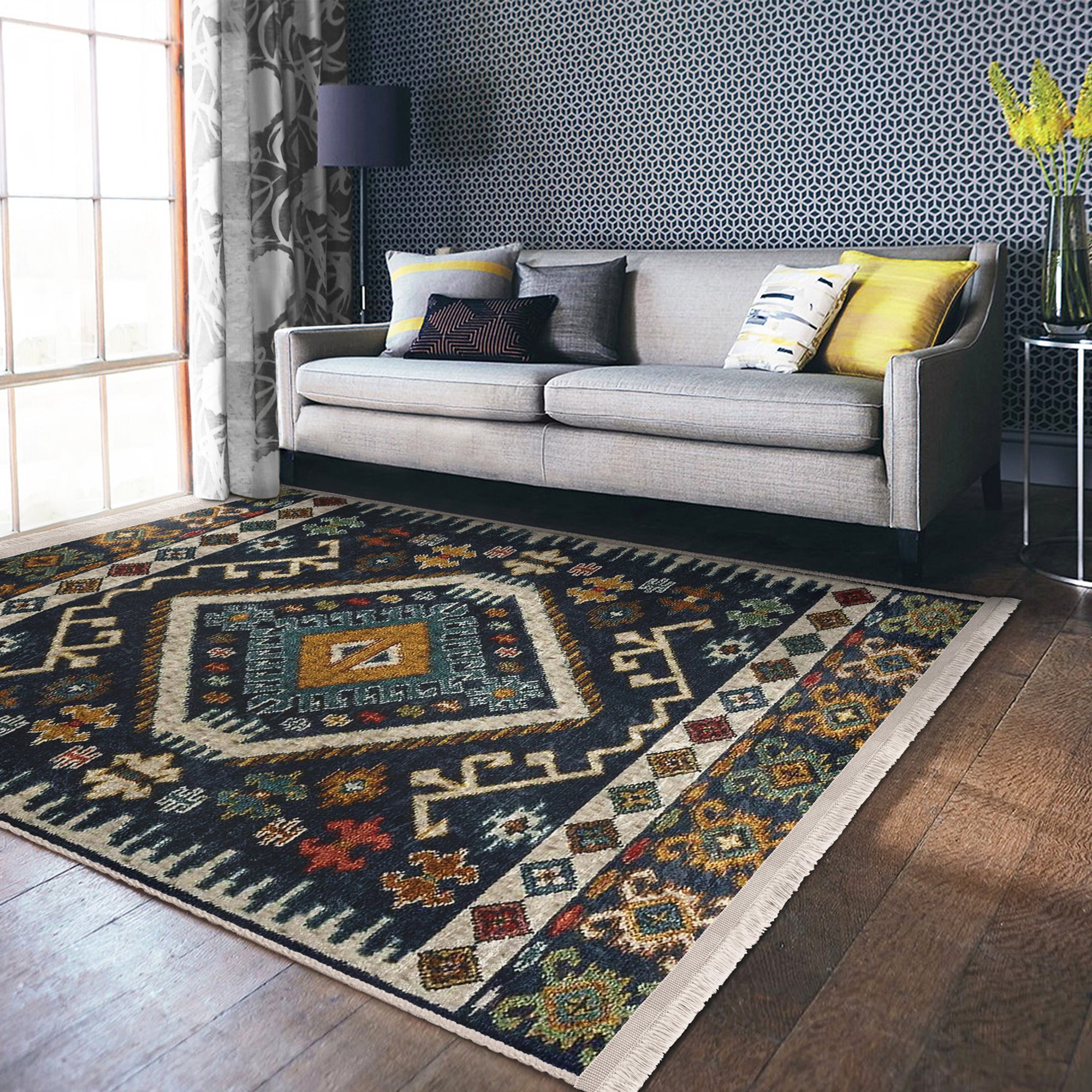 Cozy Home Washable Area Rug with classic pattern and fringes, showcasing plush material and non-slip base.