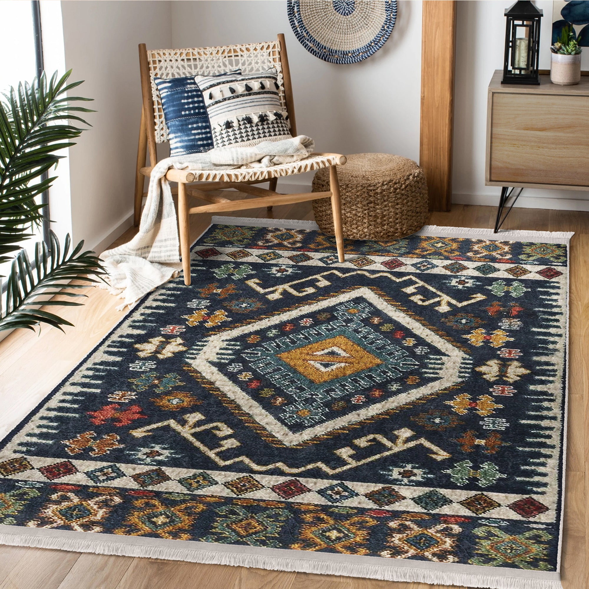 Cozy Home Washable Area Rug with classic pattern and fringes, showcasing plush material and non-slip base.