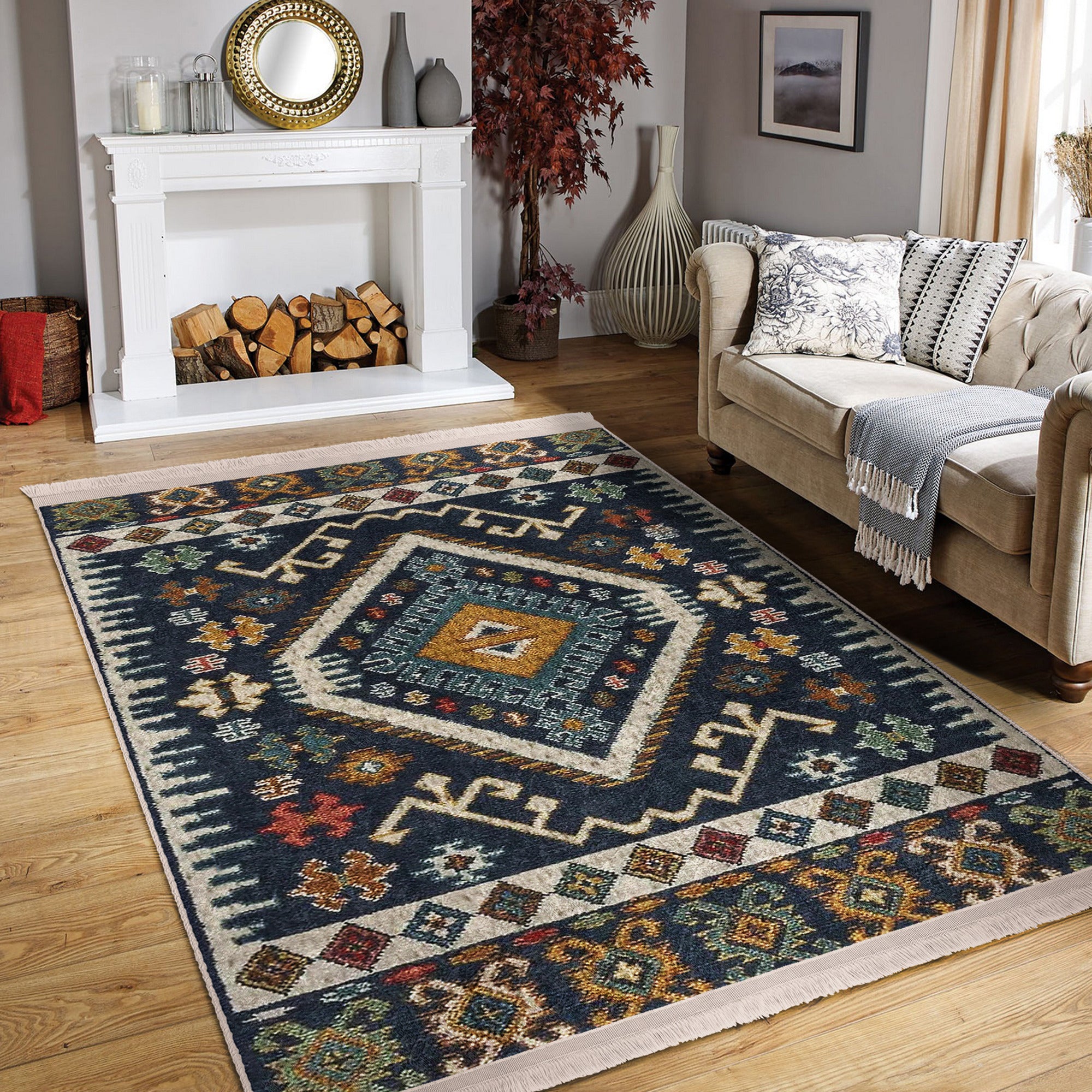 Cozy Home Washable Area Rug with classic pattern and fringes, showcasing plush material and non-slip base.